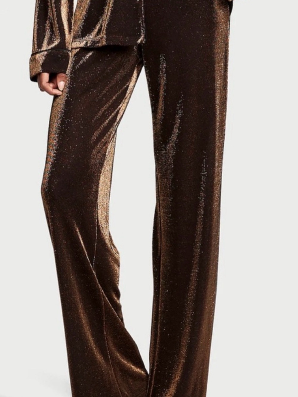 Victoria’s Secret Brown Metallic Shimmer Wide Leg Lounge Pants Rhinestone Logo L
